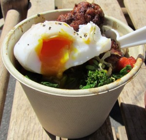 Poached duck egg on lamb bowl Poached duck egg on lamb bowl
